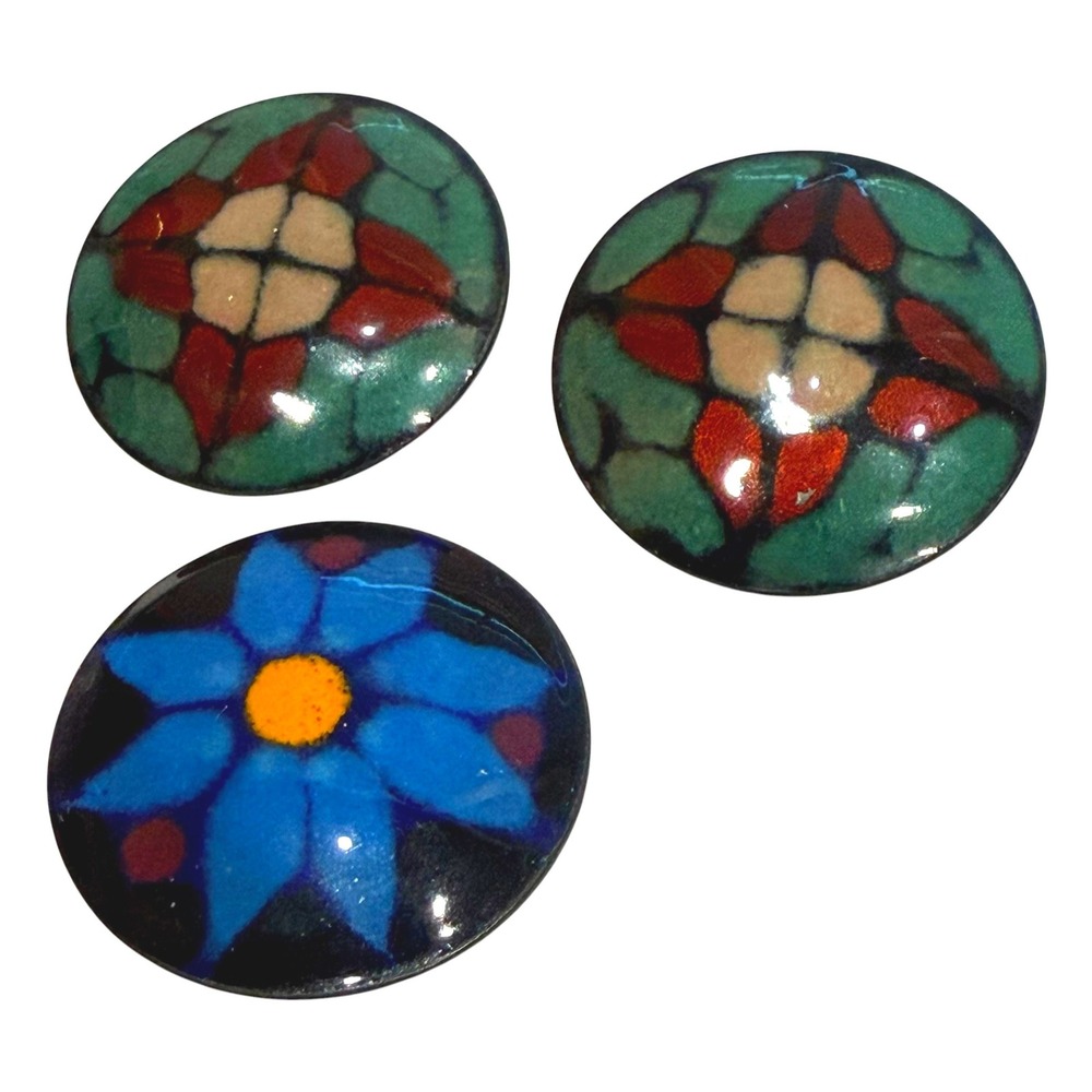 Vintage Buttons Enamel 1.16" Multicolor Floral Geometric Made in France Set of 3
